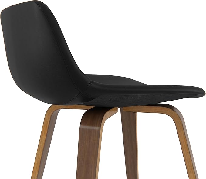 SIMPLIHOME Randolph Counter Stools (Set of 2) - 28 Inch Seat Height Upholstered Bentwood Kitchen Seats in Black Vegan Faux Leather, Mid Century Modern Seating with Curved Backrest and Chrome Footrest