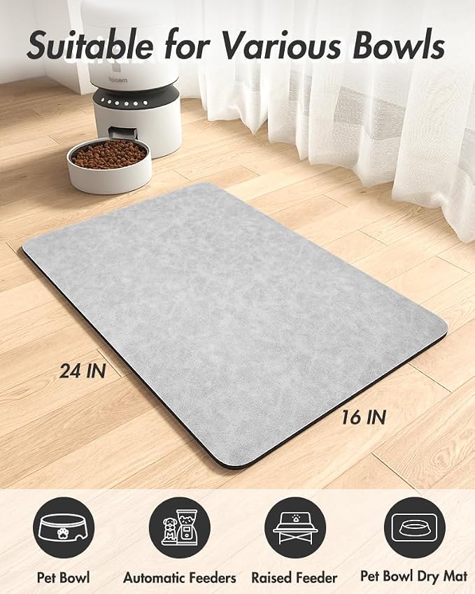 MontVoo-Absorbent Pet Feeding Mat-No Stains Pet Mat for Food and Water Bowl-Quick Dry Cat & Dog Food Mat Water Dispenser Mat-Pet Supplies Mat-Dog Water Bowl Mat for Messy Drinker,（LightGrey,16"x24"）