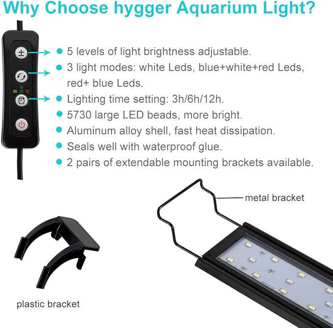 hygger 9W Full Spectrum Aquarium Light with Aluminum Alloy Shell Extendable Brackets, White Blue Red LEDs, External Controller, for Freshwater Fish Tank (12-18 inch)