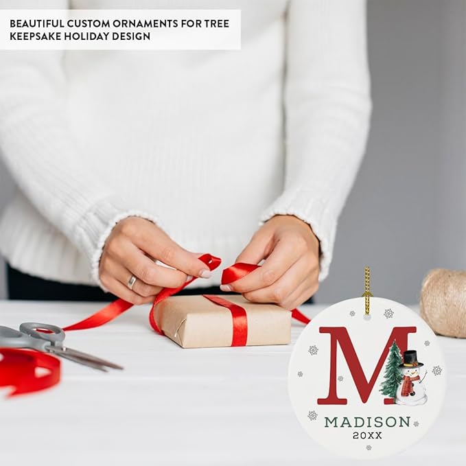 Andaz Press Personalized Ornament, Custom Name, Initial M Monogram Snowman 2.8" Ceramic Porcelain 2025 Christmas Ornament Keepsake for Kids, Boys, Girls, Initial Ornaments Monogram Ornaments 1-Pack