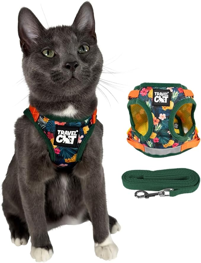 Travel Cat Harness and Leash Set - Adjustable Fit Mesh Cat Harness and Reflective Strap - Comfort Walking Vest for Kitten for Outdoor Walking, Hiking (Medium, Hawaiian)