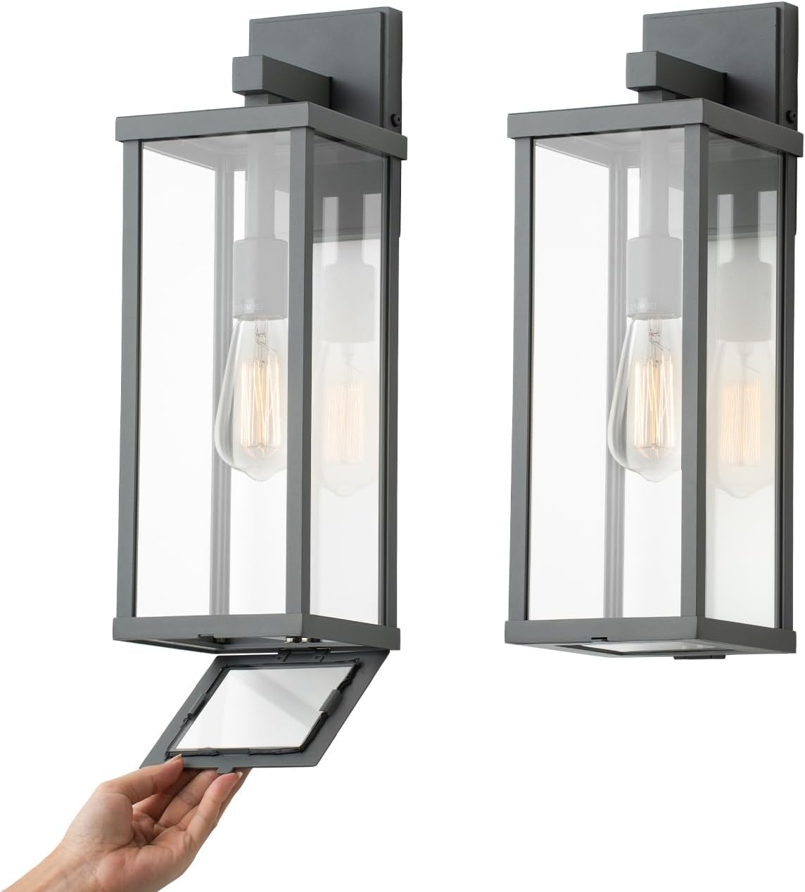 mirrea 18" Classic Outdoor Wall Sconce 1 Light in Matte Gray Rectangular Metal Frame and Clear Glass Shade Waterproof Porch Light Patio Light Pack of 2