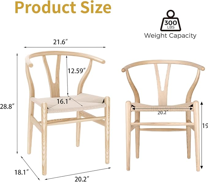 Wishbone Chair Natural Solid Wood Dining Chair/Hans Wegner Y Chair Rattan and Wood Accent Armrest Chairs - Ash Wood Chairs Set of 4 (Ash Wood + Natural Color)