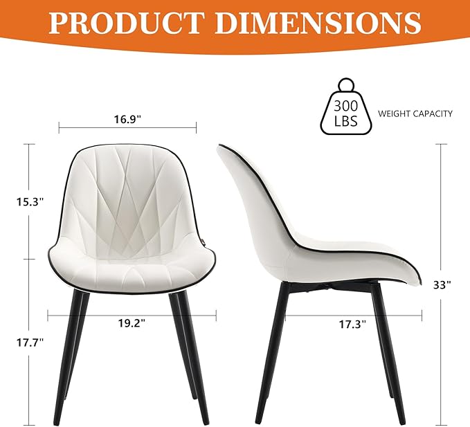 Rowill Modern Dining Chairs Set of 2 - White Faux Leather Upholstered Kitchen Chairs with Soft Cushion Backrest, Sturdy Metal Legs & Non-Slip Pads, Suitable for Home Dining Room, Kitchen