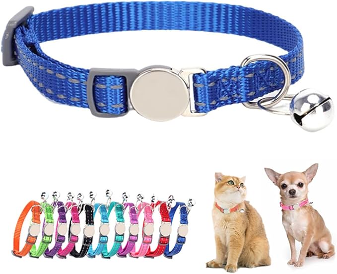 Breakaway Small Dog Collar with Bell, Reflective Soft Nylon Break Away Snap Cat Collar with Bells for Xs Tiny Puppy Dogs, Neck 7-11 Inch, Blue