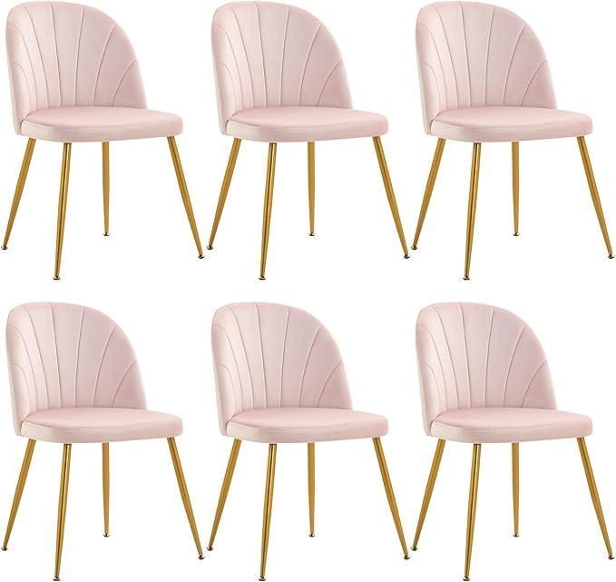 Velvet Dining Chairs Set of 6, Upholstered Mid Century Modern Dining Chairs, Armless Accent Chair with Metal Gold Legs for Living Room, Kitchen, Dining Room, Pink