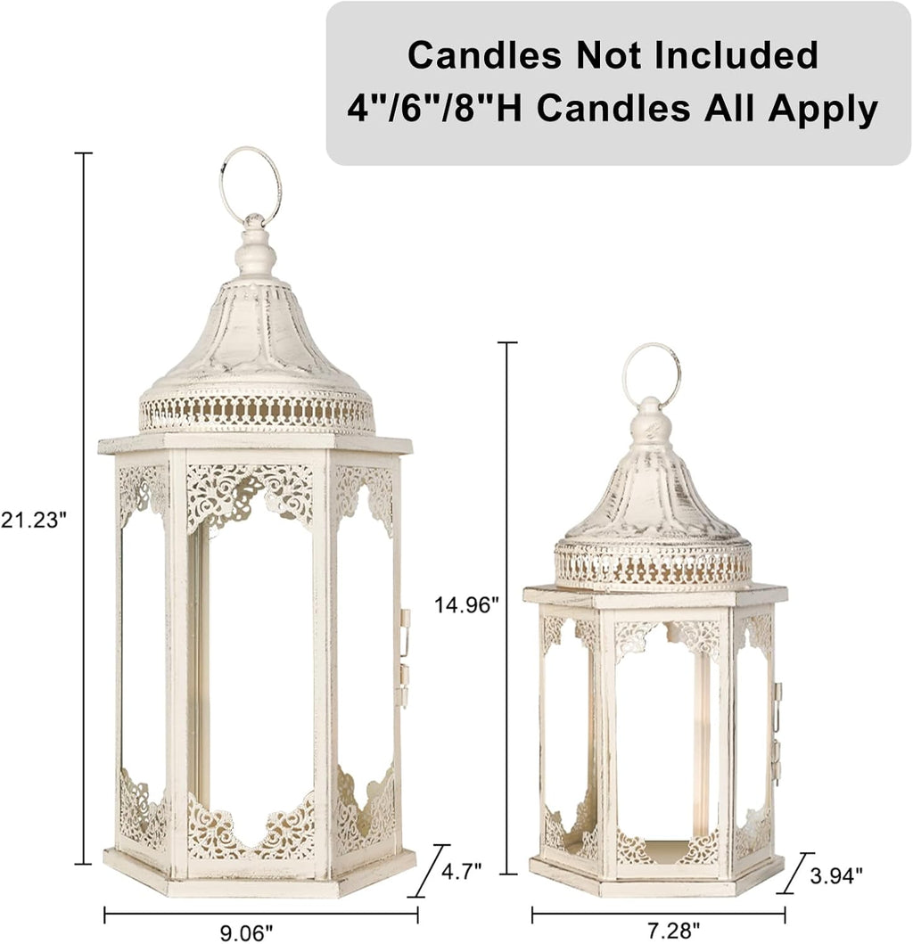 NEEDOMO Lanterns Decorative Outdoor & Indoor, Set of 2 Outdoor Lanterns for Porch,Large Candle Lantern, Beige Metal Frame with Glass for Fall, Christmas