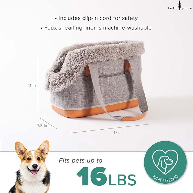 LeftPine x P.L.A.Y. Deluxe Dog Carrier Purse - Soft Sided Pet Travel Tote for Small Dogs & Puppies up to 16 Pounds - Built-in Safety Leash, Machine Washable, Removable Liner, Zipper Pocket (Gray)