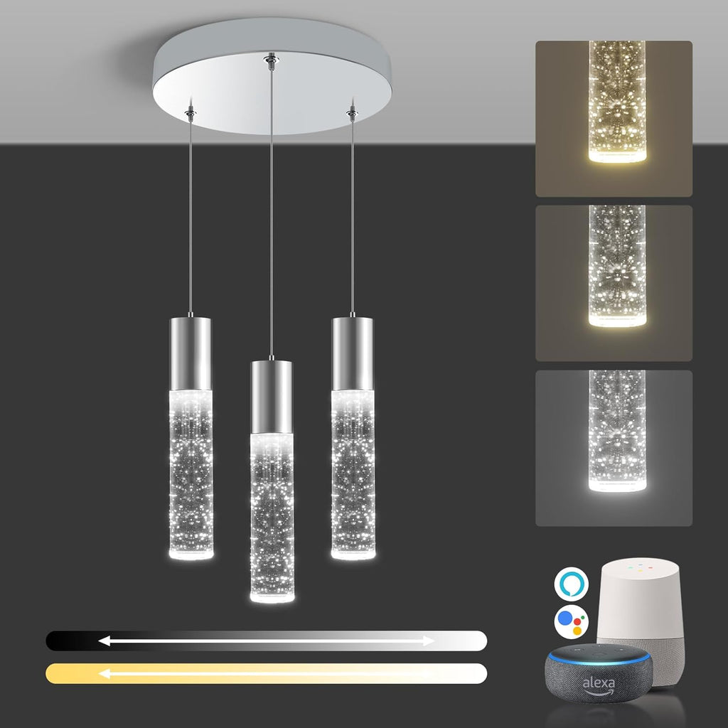 OKELI Smart Dimmable LED 3-Light Pendant Light for Kitchen Island, 18W 1350LM Modern Bubble Crystal Island Light Fixture with TUYA App & Voice Control, Adjustable 3000K-6000K, Electro-Chrome, Round