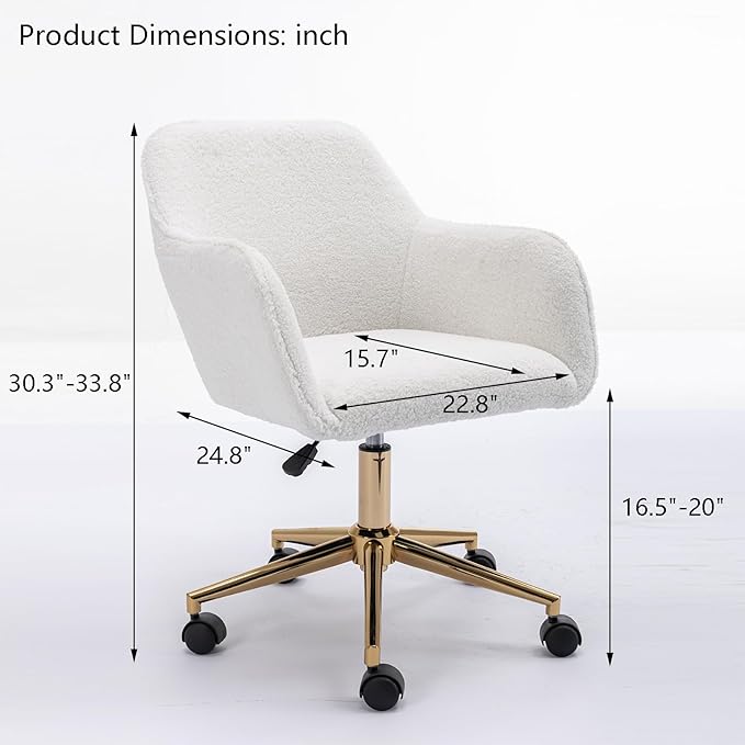 Goujxcy Fluffy Desk Chair, Faux Fur White Vanity Chair Swivel Office Chair for Girls Women, Height Adjustable Cute Teddy Furry Makeup Chairs for Bedroom Home Office