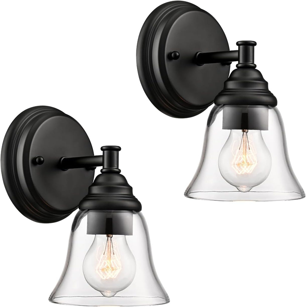 Moder 1-Light Black Wall Sconce Clear Glass Bell Shape Light Fixtures for Farmhouse, Bathroom, Living Room, Stairway Set of 2