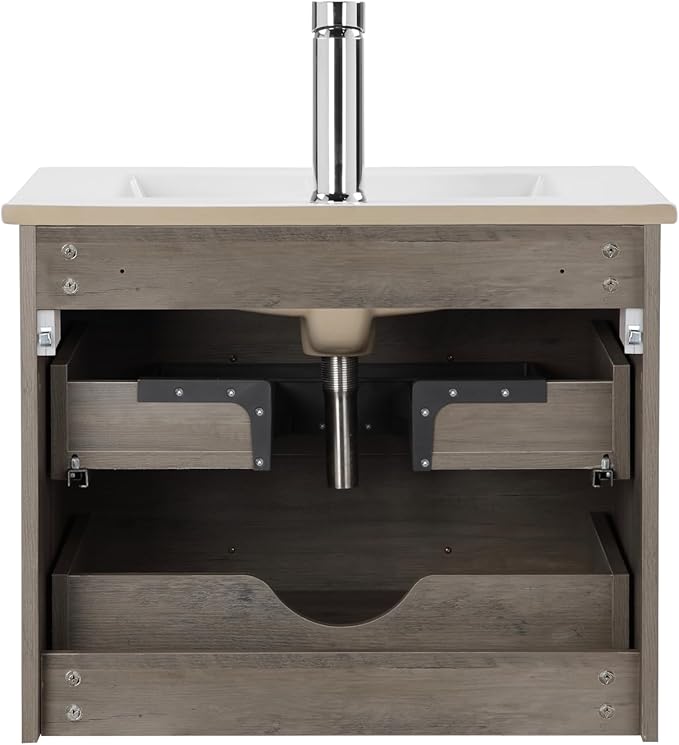 Goujxcy 24" Wall Mounted Bathroom Vanity with Sink, Modern Floating Bathroom Cabinet with Ceramic Sink & Double Drawers, Wood Hanging Bath Room Cabinet with Soft-Close System (Grey)