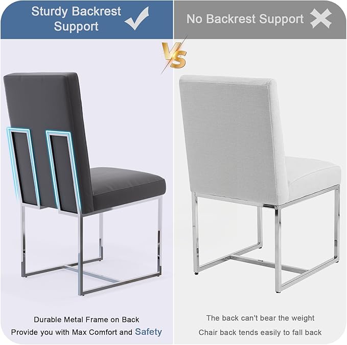 AUZ Dining Chairs, Mid-Century Modern Upholstered Chairs, Gray Faux Leather Dining Room Chairs Set of 2 with Silver Sled Legs
