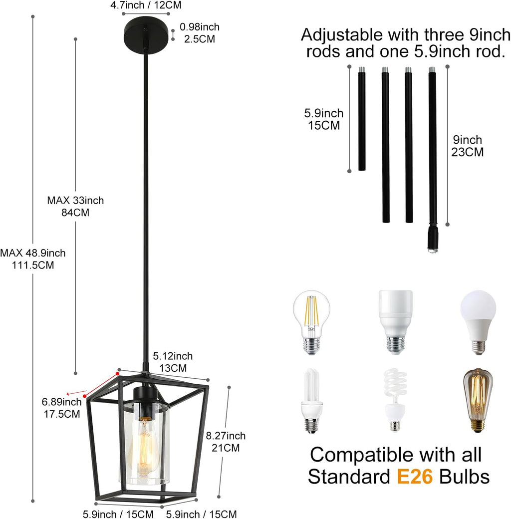 2 Pack 1-Light Black Pendant Lights for Kitchen Island, Farmhouse Metal Pendant Light Iron Cage Hanging Light Fixtures with Clear Glass Shade for Dining Room, Entryway, Hallway, Foyer