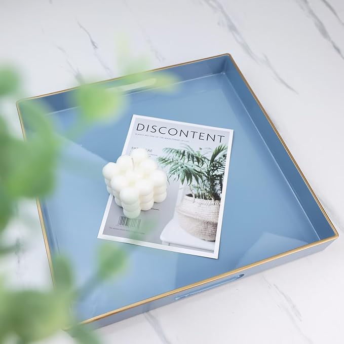 Spsyrine Light Blue Decorative Tray for Living Room, Square Modern Plastic Coffee Serving Table Tray for Ottoman Bathroom Kitchen, 13"*13".