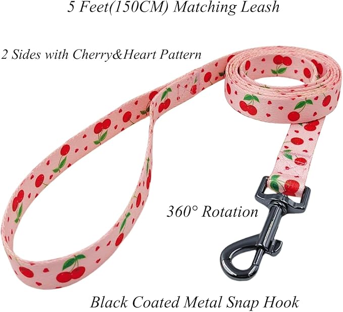 Dog Collar Leash Set, Fruit Pattern, Polyester Material, Adjustable Collar and 5ft Matching Leash, for Small Dogs.(S, Pink Cherry)