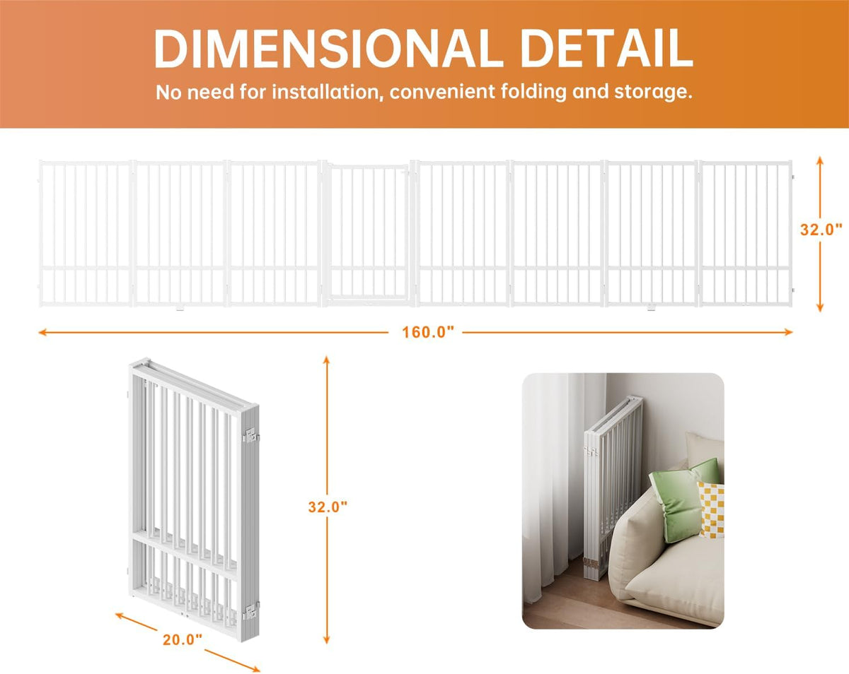 Full Metal Freestanding Dog Gate with Door, 32''Height Foldable Pet Dog Fence for Indoor & Outdoor, 8 Panels Extra Wide Free Standing TallDog Gates for Doorways,House,Stairs,Porch,Deck,Yard