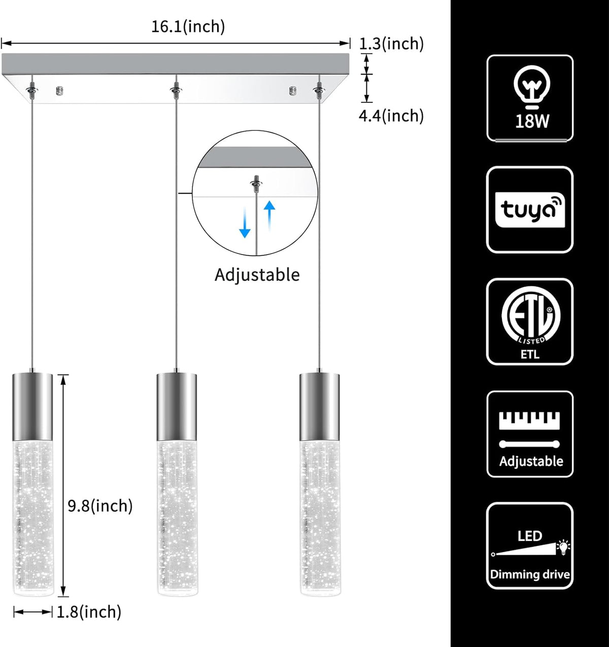 OKELI Smart 3-Light LED Pendant Lighting for Kitchen Island, 18W 1350LM Adjustable 3000K-6000K, Dimmable via TUYA App & Voice Control (Alexa/Google Home), Modern Crystal Bubble Pendant,Chrome Square