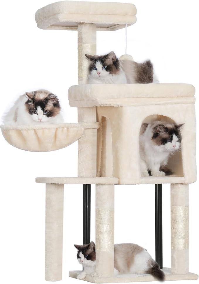 Hey-brother Cat Tree Tower, Scratching Posts with Cozy Condo, Padded Bed, Hammock, Plush Perch, Sisal Post and Ball for Indoor Kittens, 44.9 Inches, Beige MPJ009SM