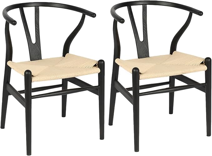 Wishbone Chair Natural Solid Wood Dining Chair/Hans Vegner Y Chair Rattan and Wood Accent Armrest Chairs Set of 2 (Ash Wood - Black + Natural Cord 2 Chairs)