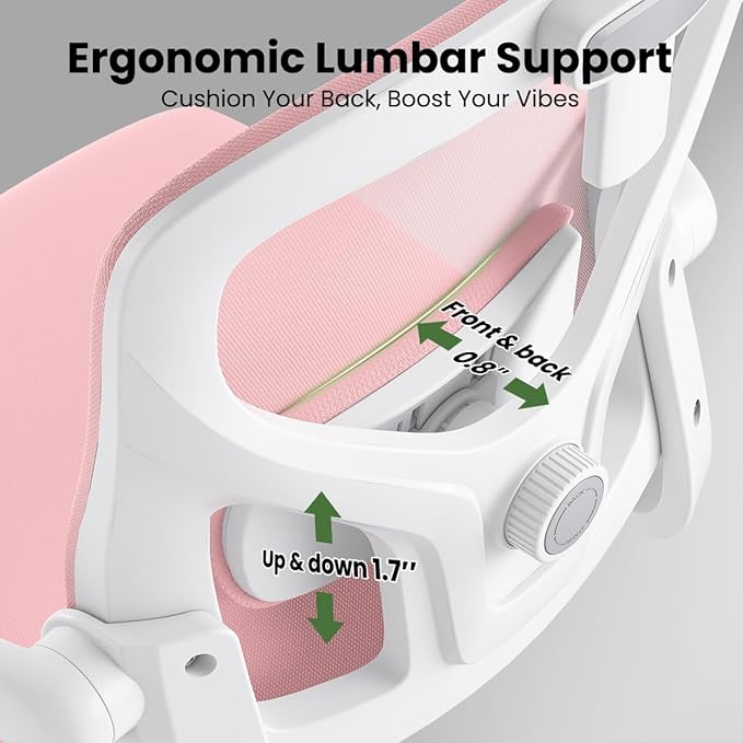 Soohow Office Chair, Ergonomic Office Mesh Desk Chair with Adjustable Back Support, High Back Comfy Computer Swivel Chair with Headrest, Lumbar Support for Study Room, Gaming and Office, White & Pink