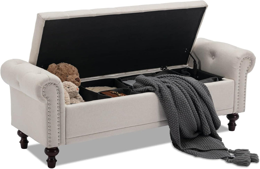 58.1'' Storage Bench Upholstered Linen End of Bedroom Bed Bench Ottoman with Tufted Cushioned Rolled Arm Large Storage Space for Reading Living Room Entryway, Beige