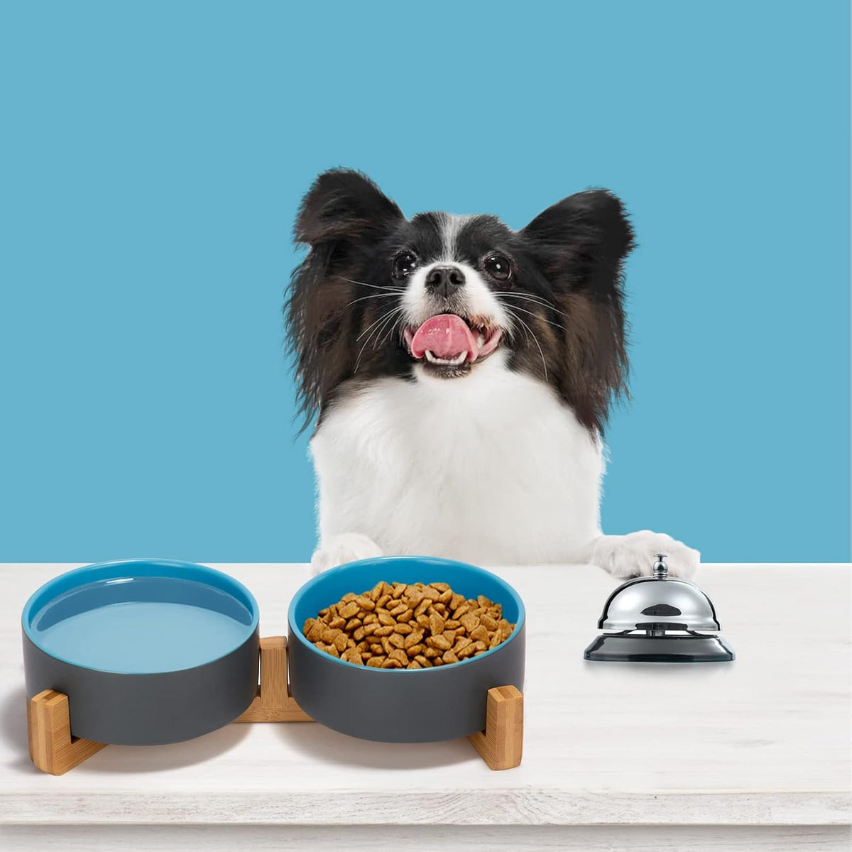 SPUNKYJUNKY Ceramic Dog and Cat Bowl Set with Wooden Stand, Modern Cute Weighted Food Water Set for Small Size Dogs (13.5OZ) & Medium Sized Dogs (28.7OZ) & Cats (1.7 Cups, 2 × Blue-Grey)