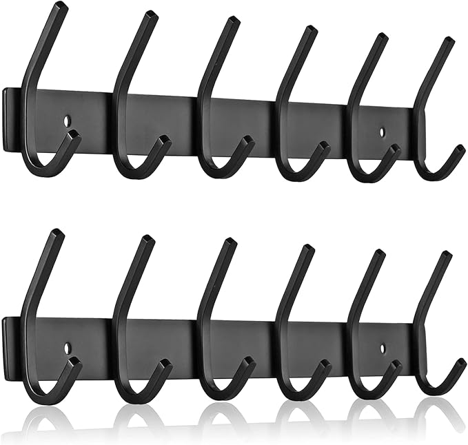 FANYITY 2 Pack Black Coat Rack Wall Mount, Entryway Coat Hanger Wall Mounted with 6 Double Dual Hooks for Purse Jacket Hat