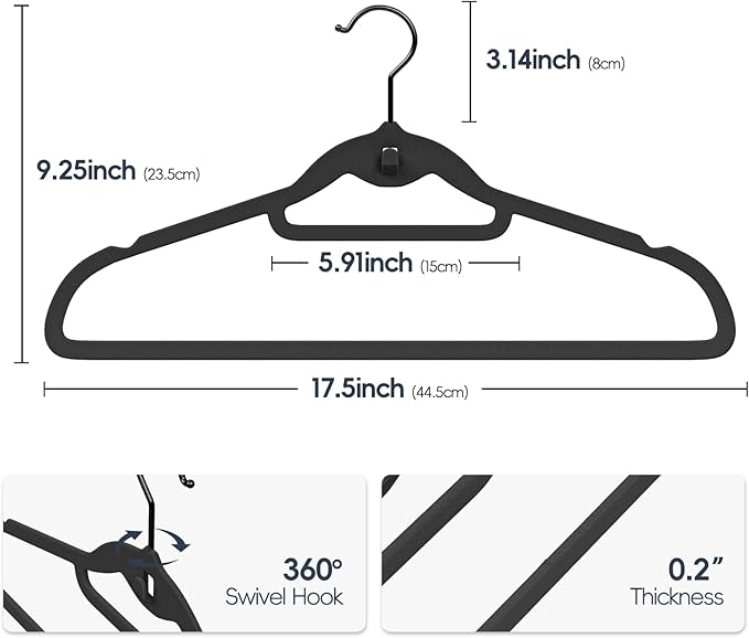 Velvet Stackable Hangers 50 Pack Black, Non Slip Space Saving Felt Hanger with Cascading Hooks, Ultra Thin and 360° Swivel Hook, Heavy Duty for Suit Shirt Pant