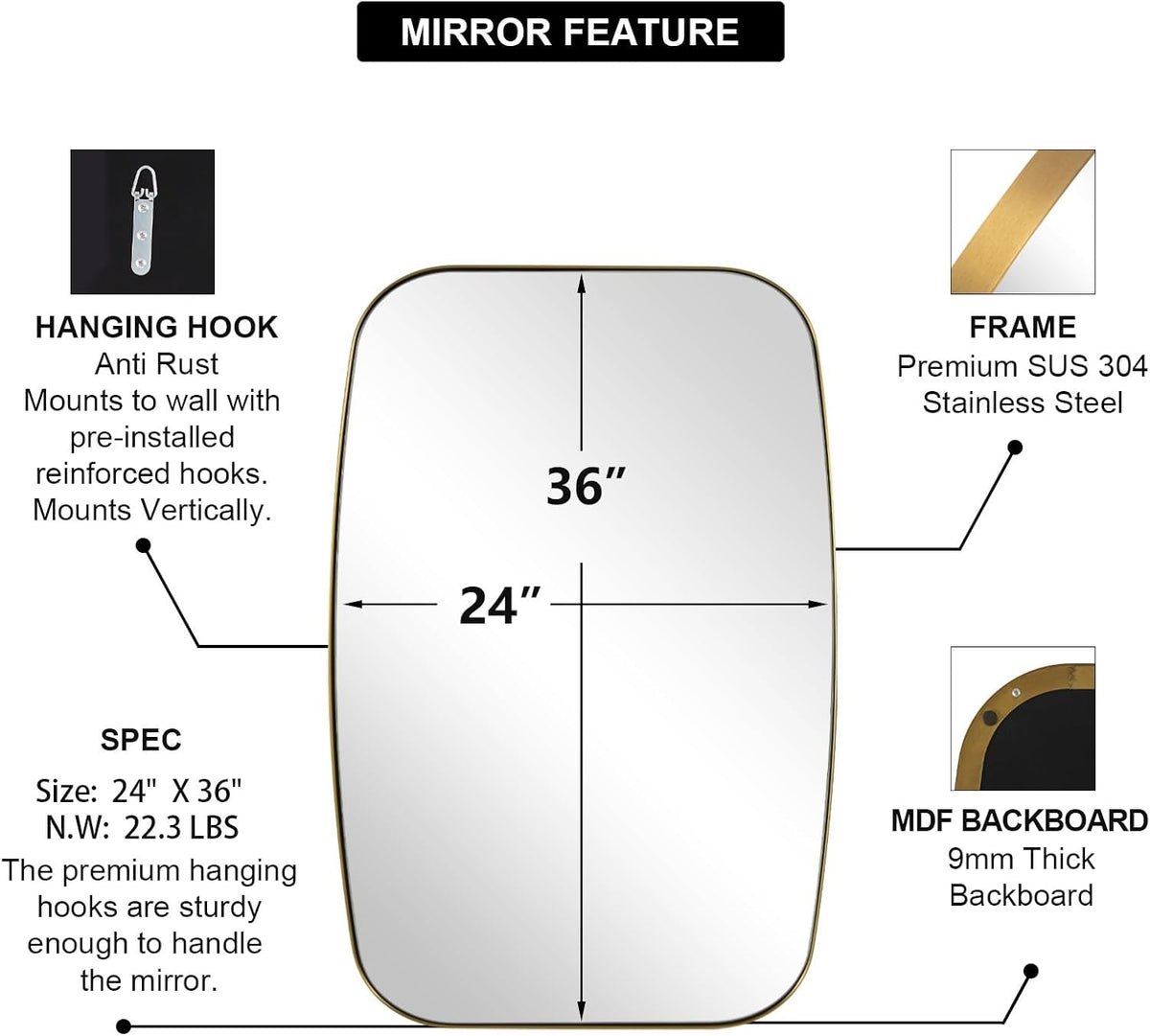 ANDY STAR Gold Oval Mirrors for Bathroom, Large 24x36’’ Brushed Gold Metal Framed Oblong Wall Mirror, Modern Brass Vanity Mirror in Stainless Steel Frame Wall Mount Horizontal or Vertical