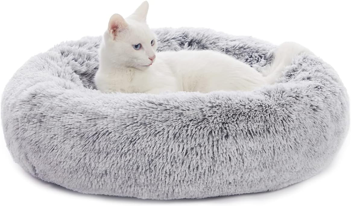 Bedfolks Calming Donut Dog Bed for Small Dogs & Cats, 23 Inches Round, Machine Washable, Anti-Anxiety Plush Bed (Dark Grey, Small)