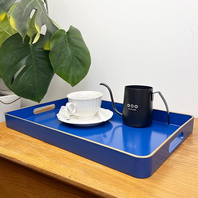 Navy Blue Serving Tray with Handles, Rectangular Decorative Tray for Coffee Table, Plastic Rectangular Tray for Ottoman, Living Room, Bathroom, Home Decor 15.7” x 10.2” x1.37”