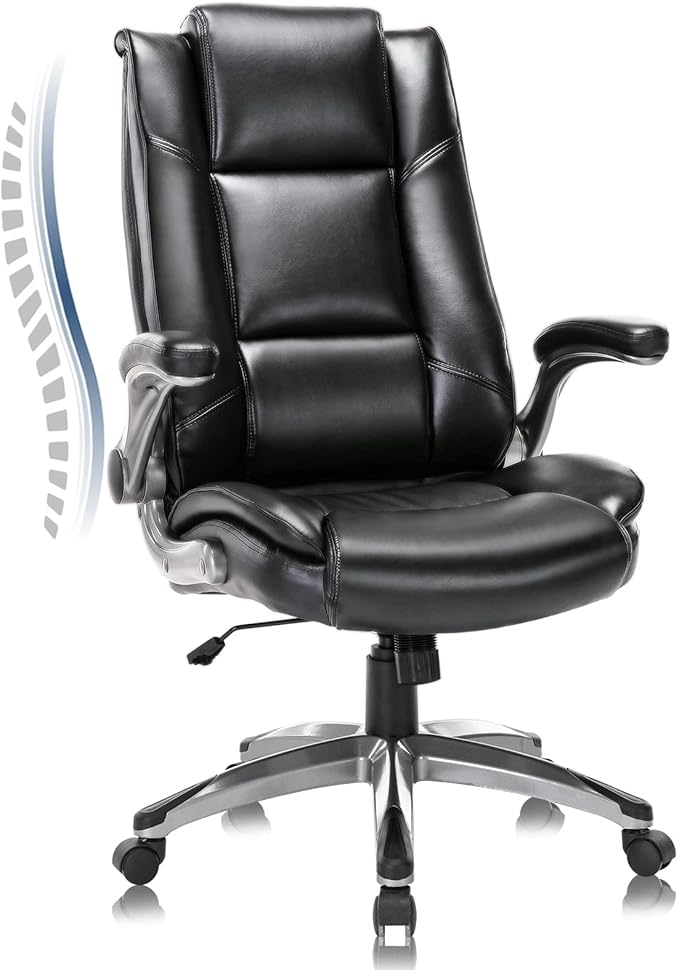 COLAMY Leather Executive Office Chair - High Back Home Computer Desk Chair with Padded Flip-up Arms, Adjustable Tilt Lock, Swivel Rolling Ergonomic Chair for Adult Working Study, Black