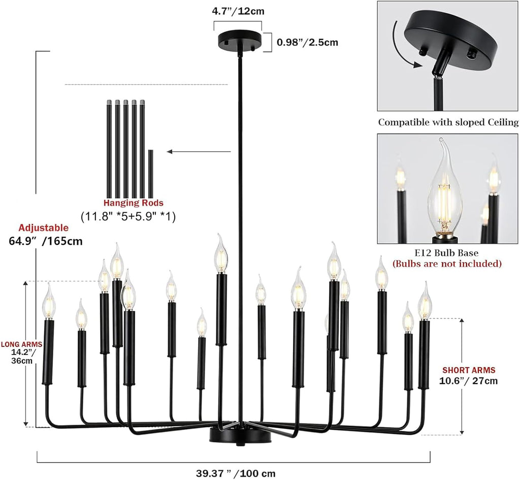 Modern Black Farmhouse Chandeliers, 16-Light Industrial Metal Chandelier Lighting, Classic Candle Hanging Pendant Light Fixtures for Kitchen Island, Living Room, Dining Room, Stair
