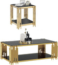 Glass Gold Coffee Table Set of 2,Modern Coffee Table and End Table w/Storage,Glass Coffee Table Set with Stainless Steel Frame,2 Pieces Living Room Table Set for Apartment Home Office