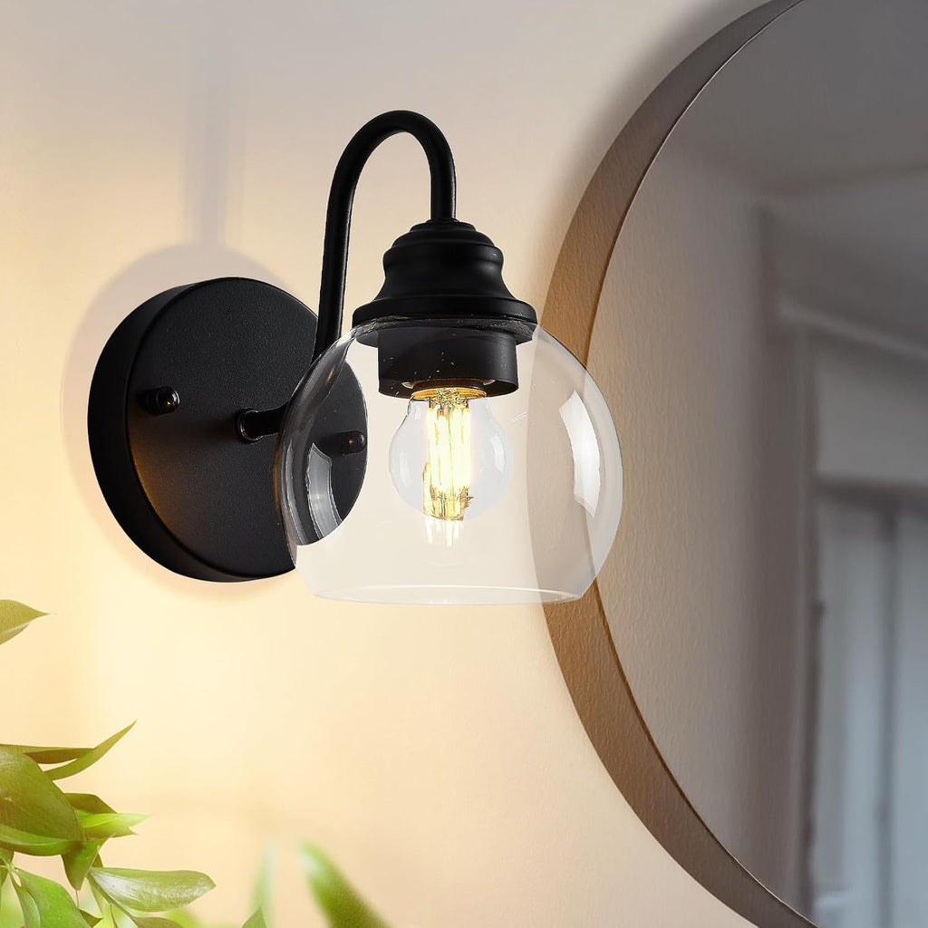 Farmhouse Gooseneck Wall Sconces Set of Two, Bathroom Vintage Black Vanity Light, Rustic Indoor Wall Light Fixtures with Clear Glass for Bathroom Beside Mirror Living Room Hallway