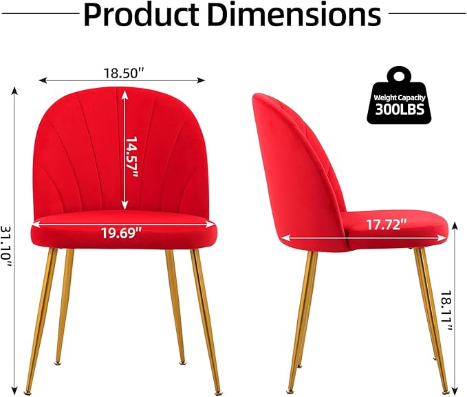 Velvet Dining Chairs Set of 2, Upholstered Mid Century Modern Dining Room Chairs, Armless Accent Chair with Metal Gold Legs for Living Room, Kitchen, Rose Red