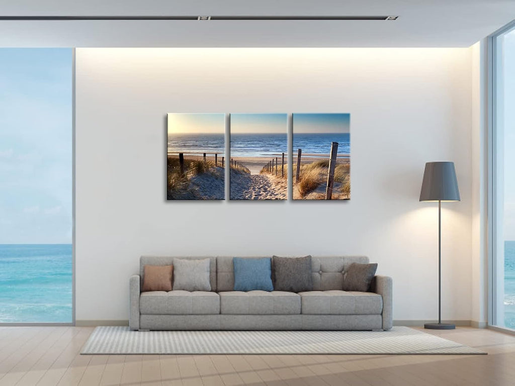 Wieco Art 3 Piece Beach Coastal Sand Dune Canvas Prints Modern Stretched Wall Art Seascape Pictures Paintings for Living Room Bedroom Home Decorations Landscape Artwork