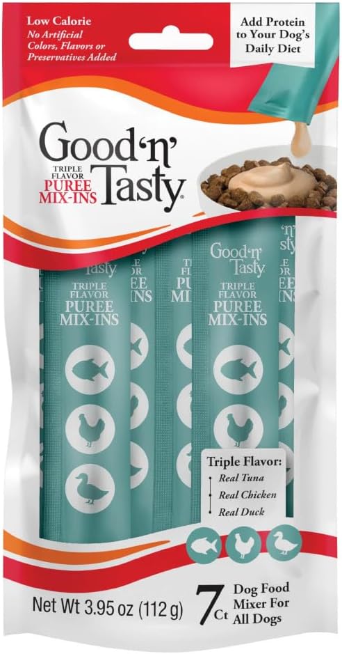 Good 'n' Tasty Triple Flavor Puree Mix-Ins Dog Food Topper Treats for All Dogs, 7 Count, Easy Single-Serve Portions, Added Protein with Tuna, Chicken and Duck