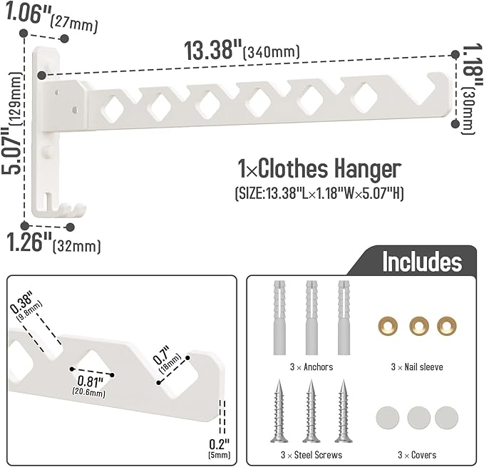 Wall Mounted Clothes Drying Rack, Wall Clothes Hanger Foldable, Laundry Hanger Hook for Bathroom, Wall Clothes Rack Indoor, Perfect for Small Spaces, White