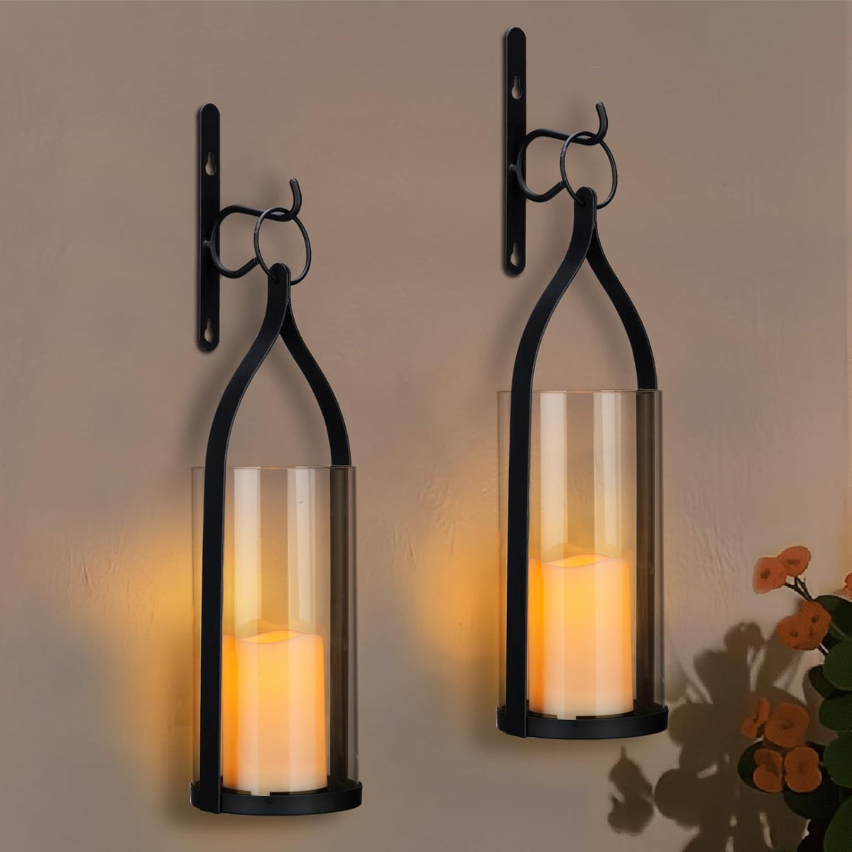 Metal Wall Sconce Candle Lantern Set of 2 - Black Wall Mounted Hanging Holder with Glass & Candles Vintage Wall Decor for Porch, Living Room, Dining Room, Bedroom Indoor Decor