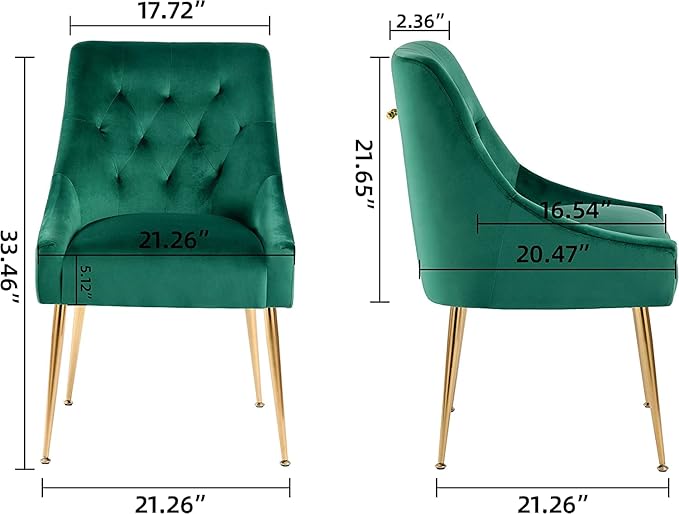 Modern Dining Chairs Set of 6, Mid Century Velvet Upholstered Chairs with 5.12' Cushions, Golden Legs and Back Pull Rod, for Kitchen, Living Room (Green)