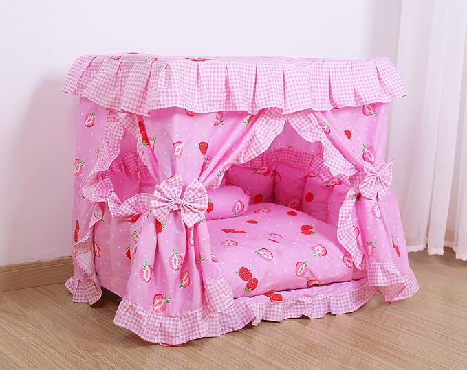 Princess Pink Strawberry Pet Dog Cat Handmade Bed House+1 Candy Pillow Canopy (S)