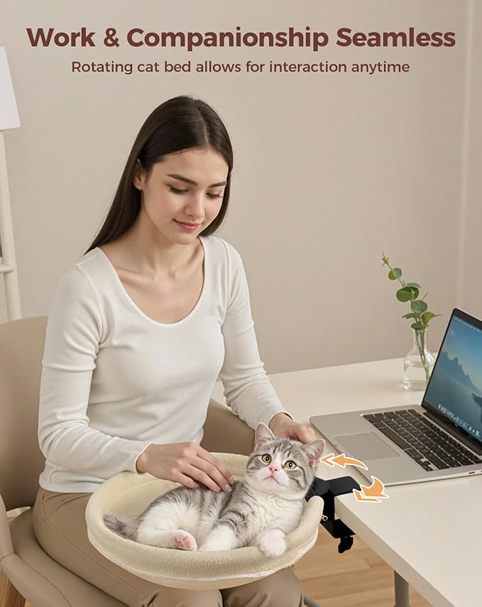 Large Cat Desk Bed, Sturdy Rotating Cat Desk Perch with Removable Washable Fabric Cover, Supports up to 50 lbs