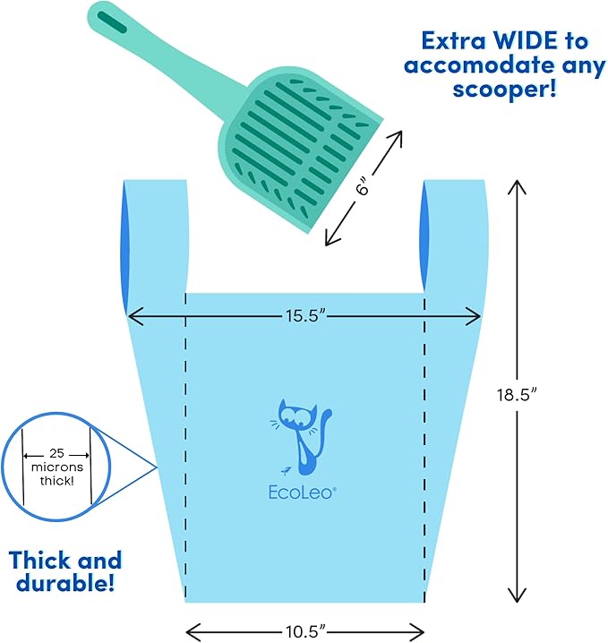 EcoLeo Cat Litter Waste Poop Bags - X-Large, Thick, Leak Resistant, Pet/Dog Poo Bags with Easy-Tie Handles,10.5 x 18.5 inch, White