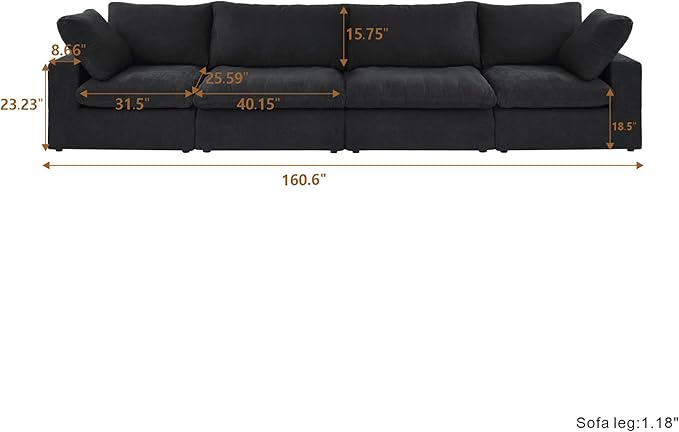 JACH Sectional Couches for Living Room, Deep 4-Seat Modular Convertible Couch, Couch Cushion Covers Removable, Comfy Sofas for Living Room Apartment (Black)