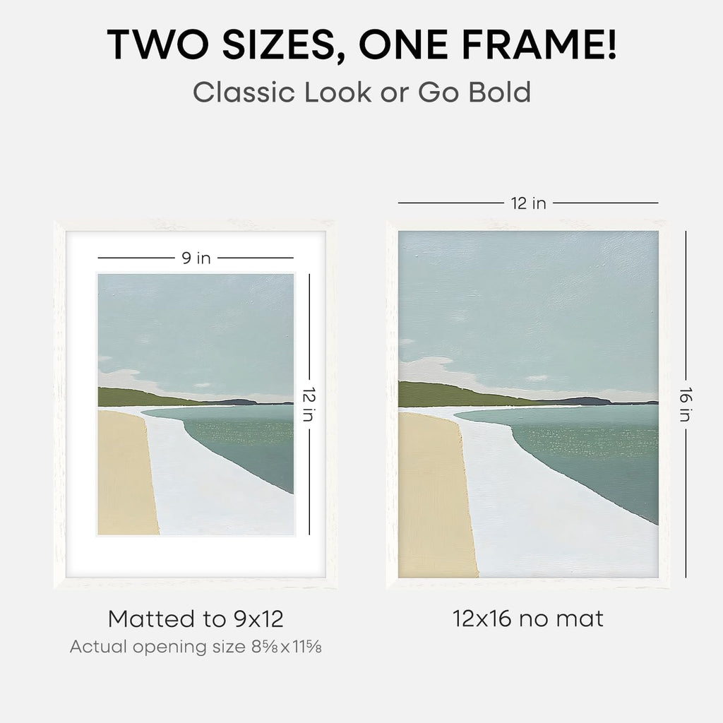 Homeforia 12x16 White Picture Frame, High End Oak 12x16 Wood Poster Frames with Mat 9x12 Print, 12 x 16 White Wooden Frame Matted to 9 by 12 Photo, 16x12 Thin Frame, Tempered Glass, Wall Kit, Set of 1