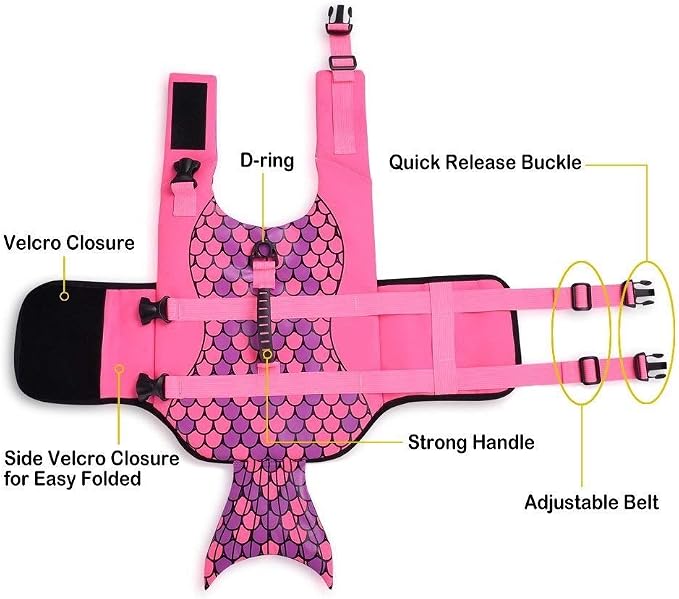 Dog Life Jacket Ripstop Shark Dog Safety Vest Adjustable Preserver with High Buoyancy and Durable Rescue Handle for Small,Medium,Large Dogs, Pink Fish Small
