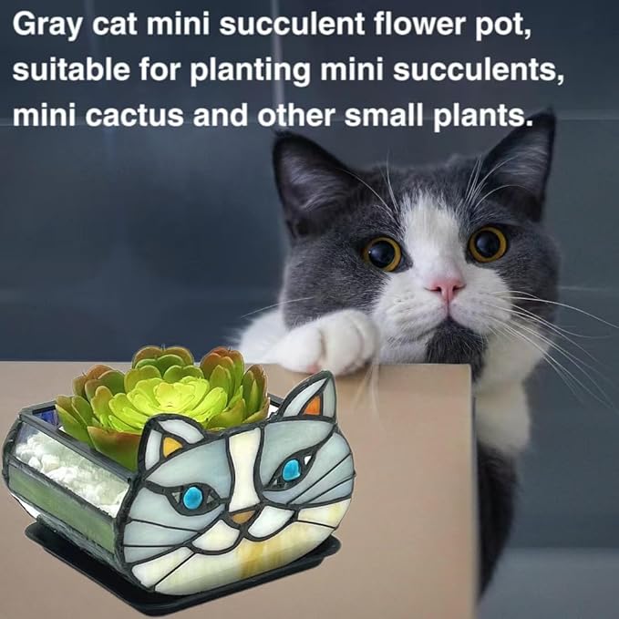 Cute Gray Cat Planter,Cat Succulent Planter,Unique Pots for Indoor Plants,Gifts for Plant Lovers Women Unique 4.33x3.54x2.95 in (Flower Pot Does not Include Plants)