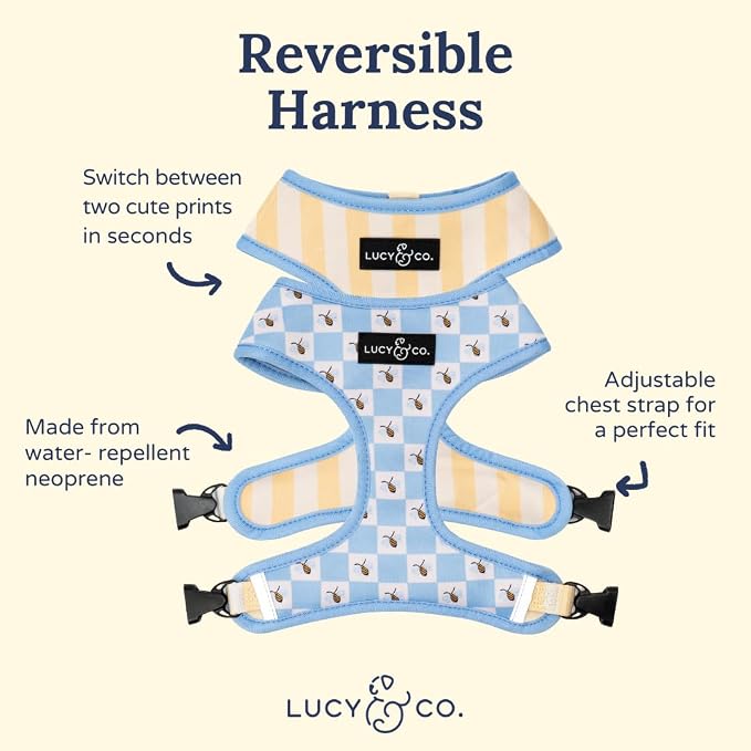 Lucy & Co. Reversible Dog Harness - Water-Repellent Neoprene, Dual-Print Design, Easy Swap Style, Adjustable Comfort Fit - Bumbling Around Reversible Harness - Small